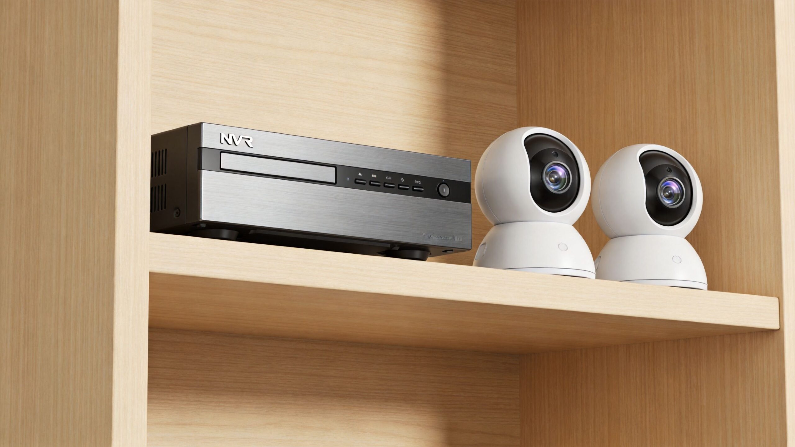 An NVR recorder unit placed next to two white smart home security cameras on a wooden shelf.