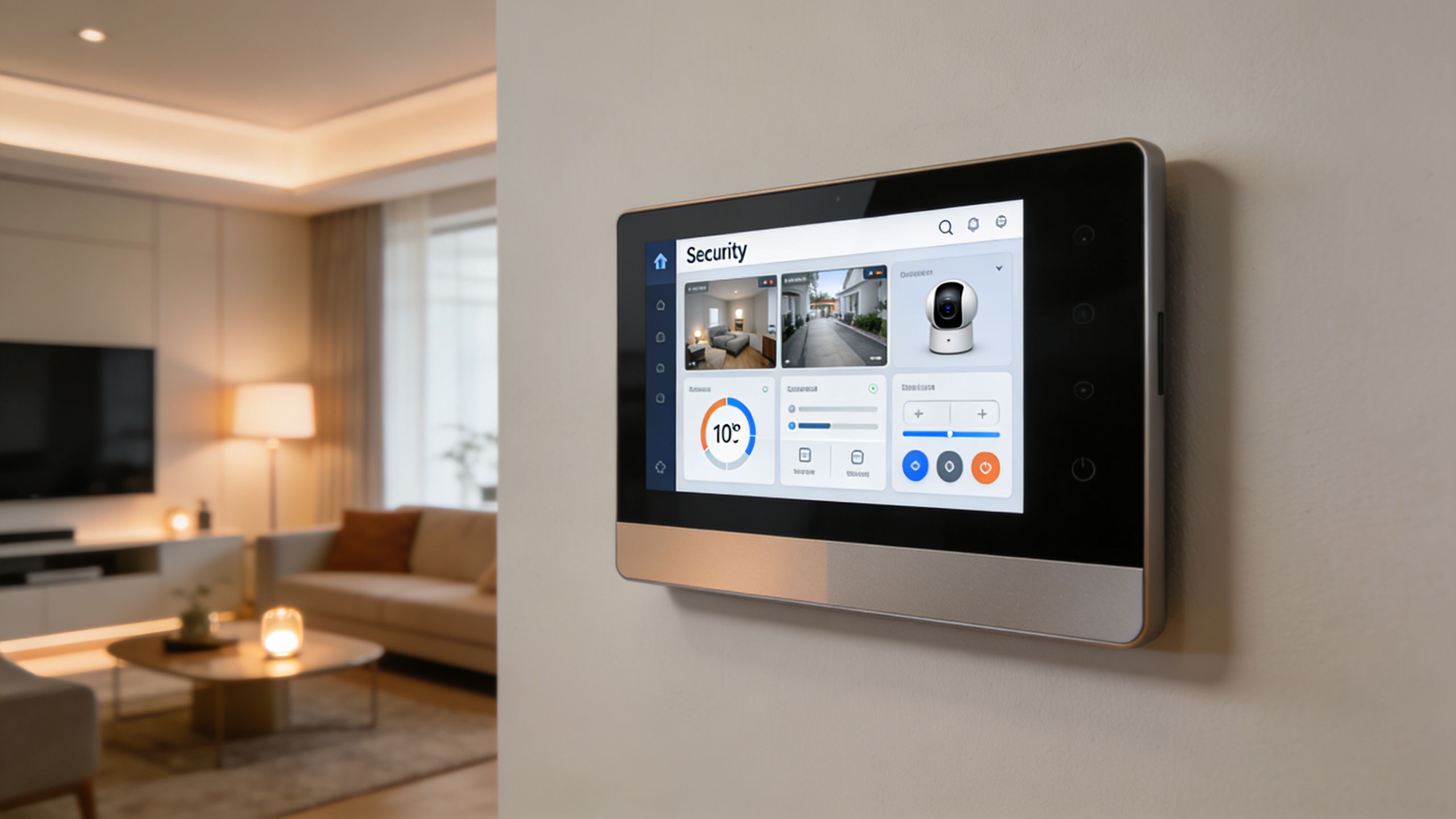 A modern smart home wall control panel displaying live security camera feeds and climate settings indoors.