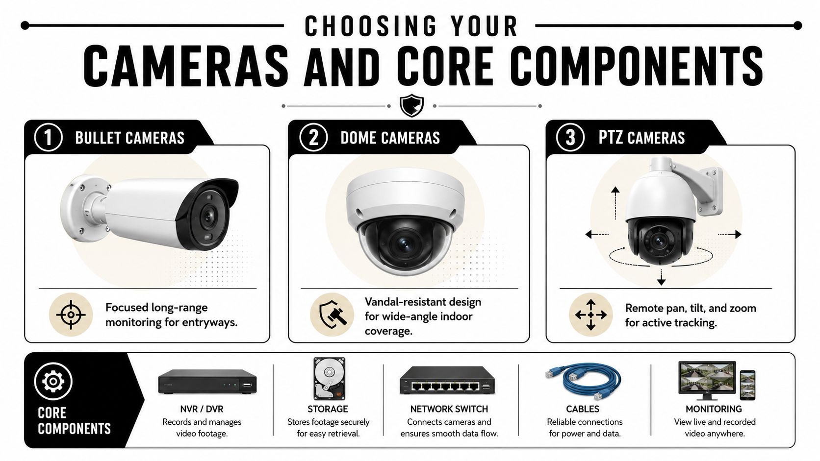 A visual guide illustrating the different types of security cameras and core components needed for installation.