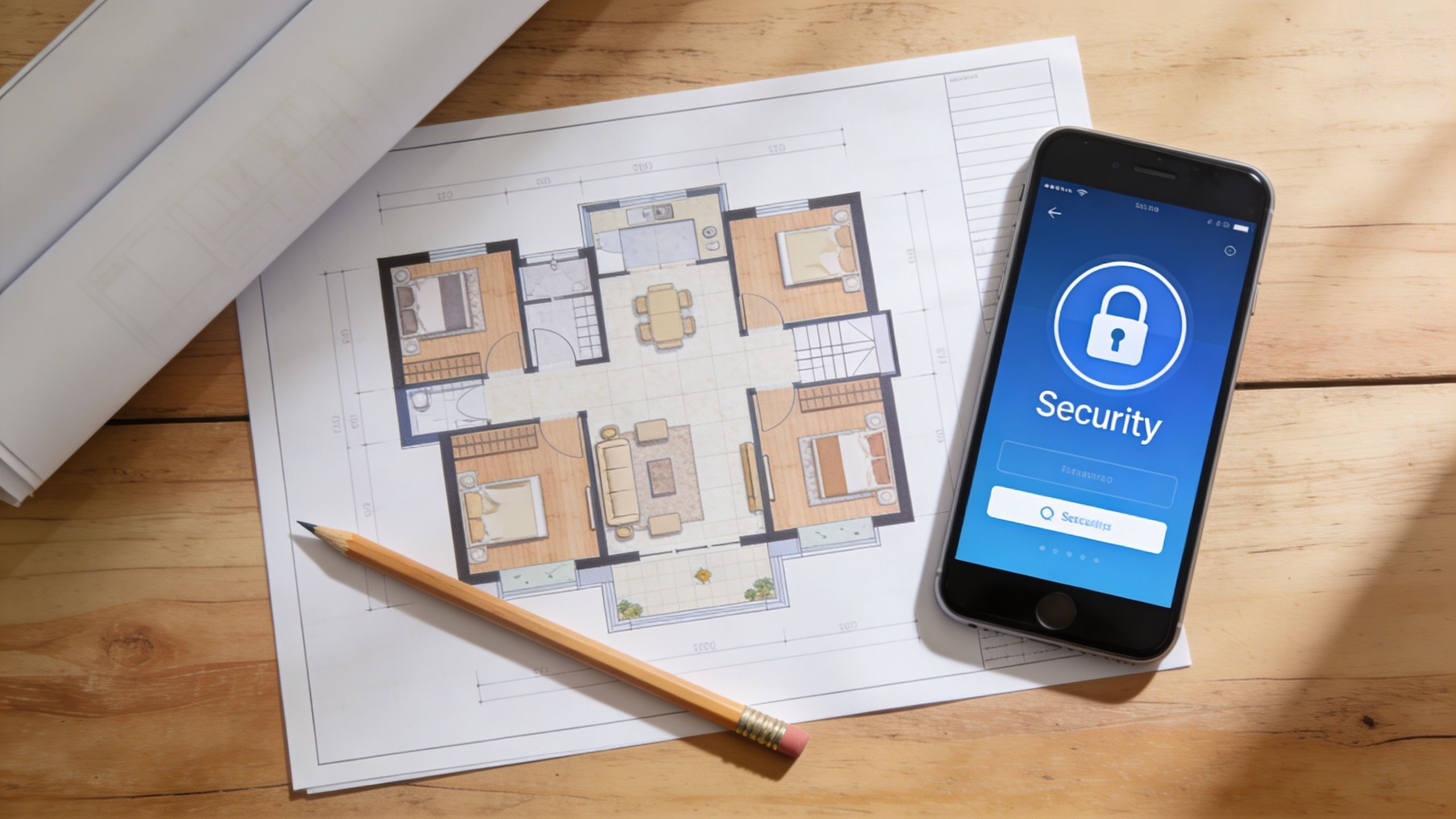 A smartphone displaying a security app interface rests on home architectural blueprints next to a wooden pencil.