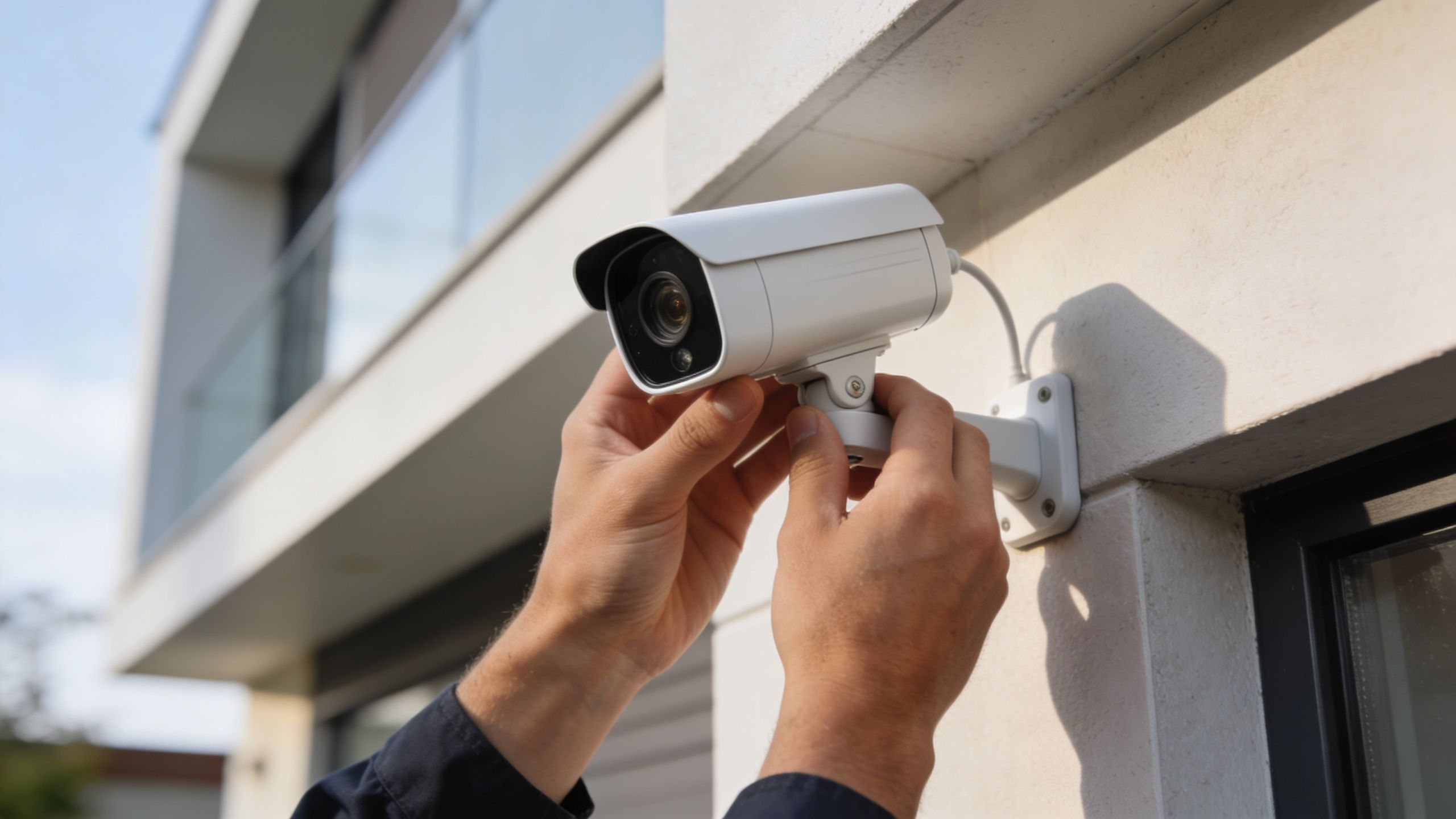A technician installing a modern white security camera on the exterior wall of a residential house.