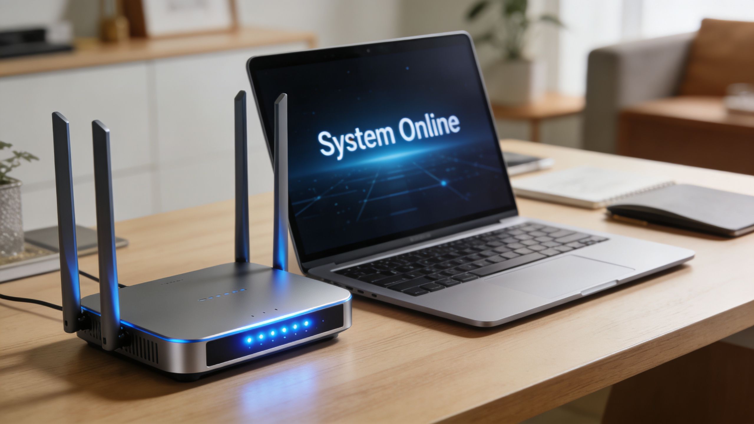 A modern wireless router with glowing blue LED lights sits on a wooden desk beside a laptop.