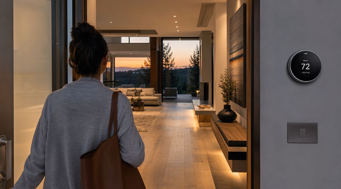 A woman carrying a bag enters a modern home with a smart thermostat on the wall.