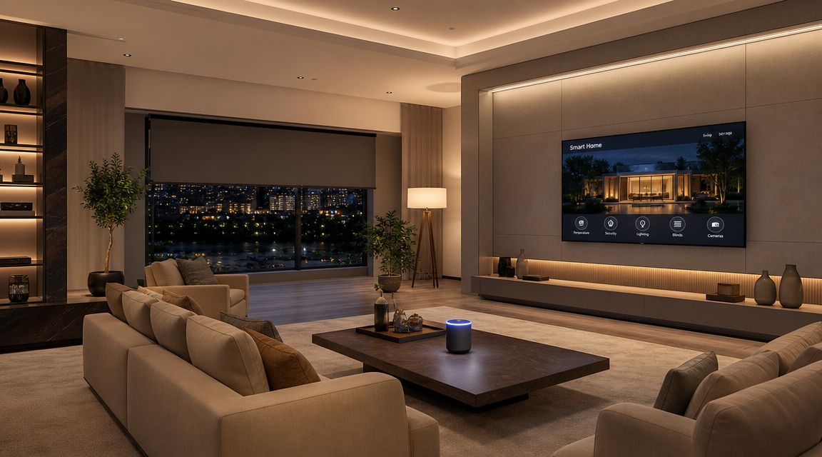 A modern, luxury living room featuring an integrated smart home automation system displayed on a large wall-mounted television.