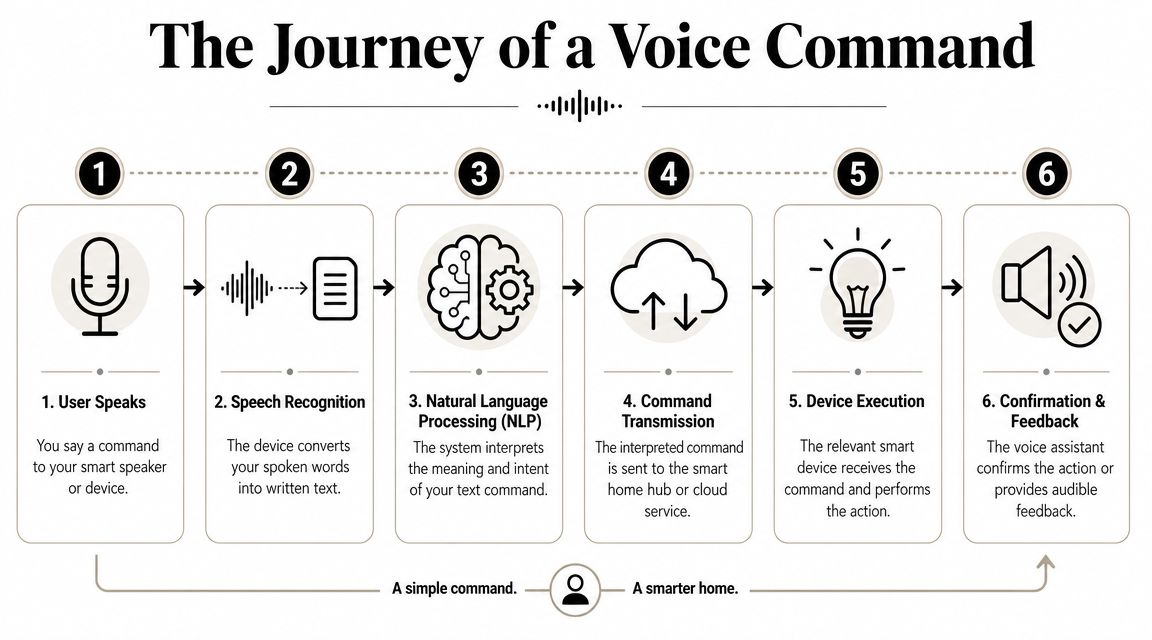 A six-step infographic illustrating the process of how a smart device executes a voice command.