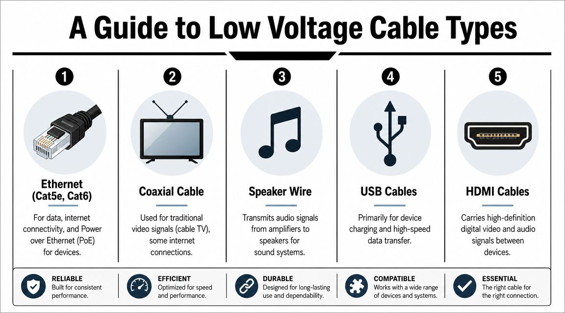 A visual guide explaining five common types of low voltage cables including Ethernet, coaxial, speaker, USB, and HDMI.