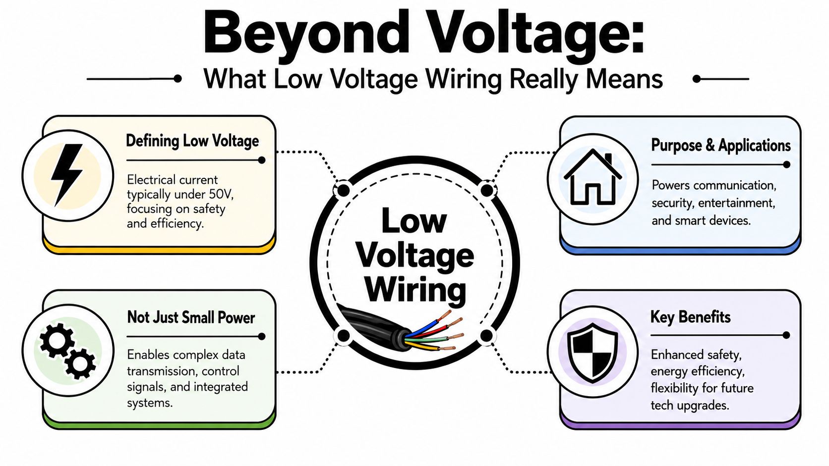 An infographic titled Beyond Voltage explaining the definition, purposes, and benefits of low voltage wiring systems.