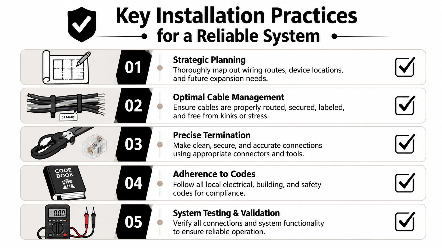 A professional infographic outlining five key installation practices for ensuring a reliable low voltage electrical system.