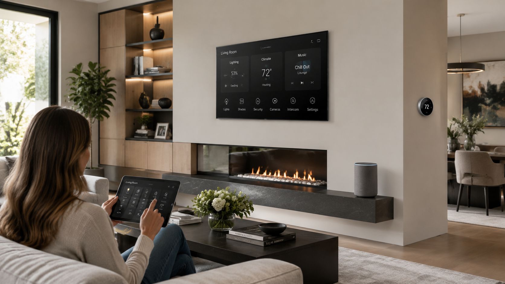 A woman controlling her smart home features using a tablet in a modern living room setting.