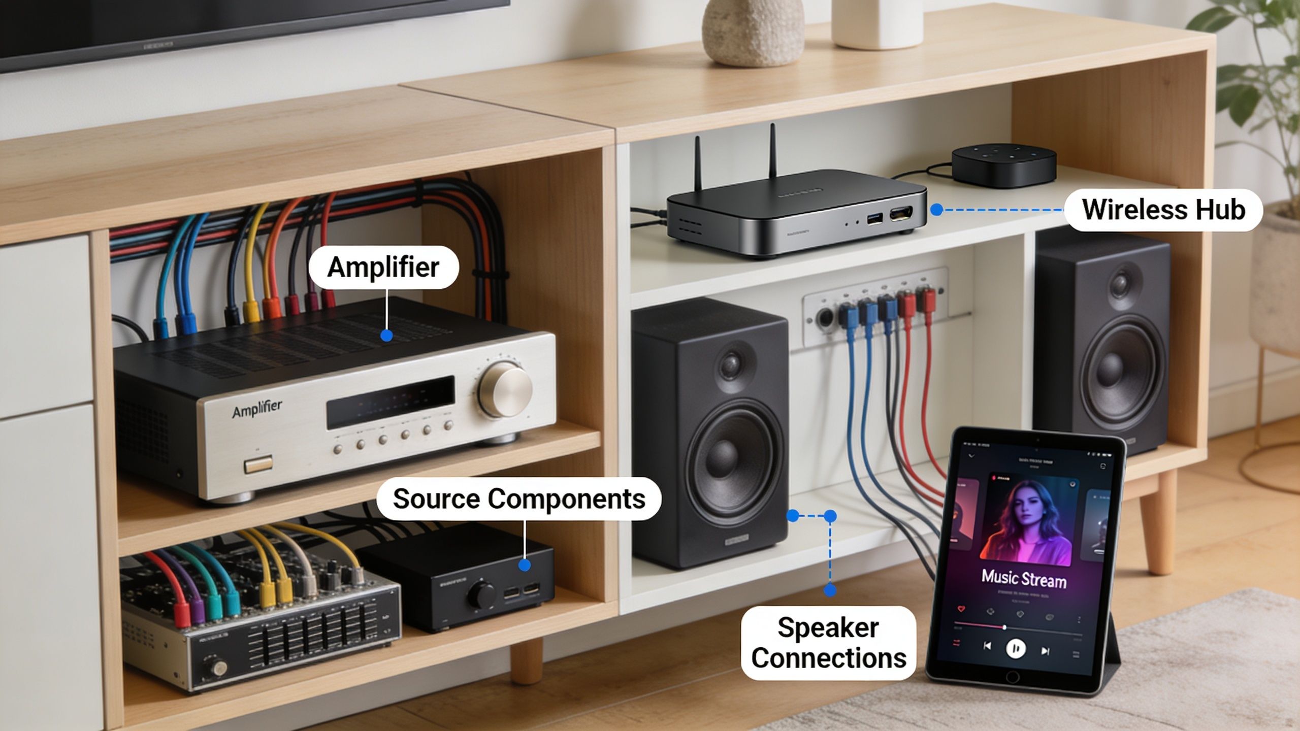 A modern media cabinet displaying a whole home audio system with an amplifier, speakers, and wireless hub.