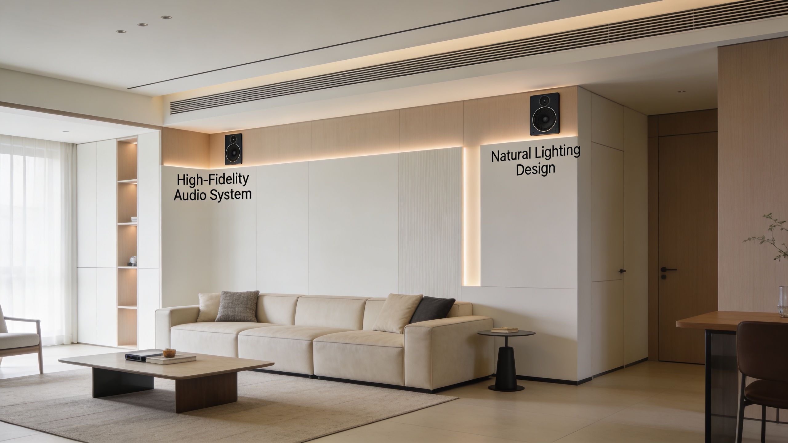 A modern living room featuring a minimalist beige sofa, integrated wall speakers, and elegant recessed lighting design.