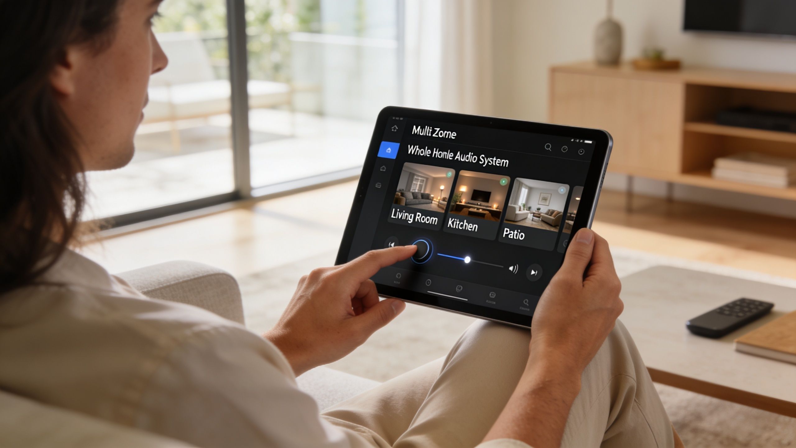 A person sitting on a sofa and using a tablet to control a whole home audio system.