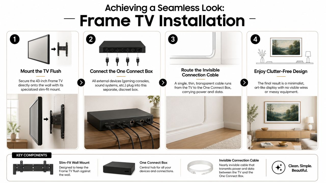 A step-by-step infographic showing how to install a 43-inch Frame TV for a clean, seamless look.