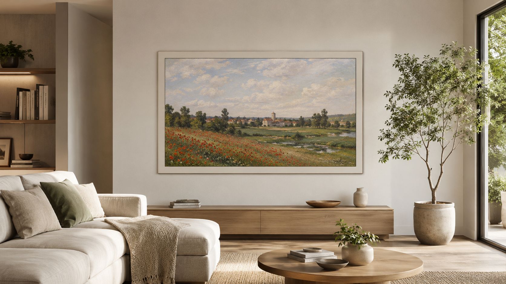 A modern, sunlit living room featuring a 43 inch frame TV displaying a classic landscape painting above wooden furniture.