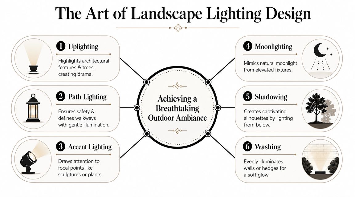 An infographic detailing six popular landscape lighting techniques including uplighting, path lighting, and washing for outdoor design.
