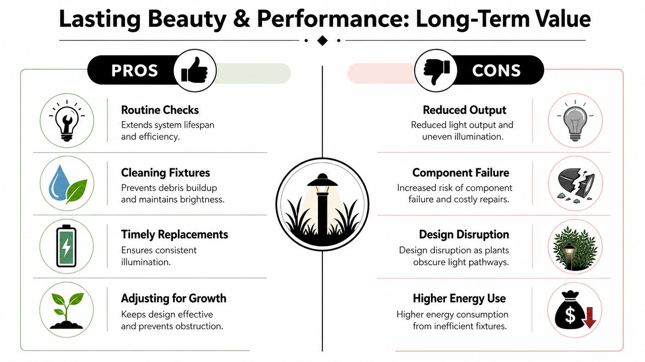 An infographic comparing the pros and cons of landscape lighting maintenance for long-term system value.