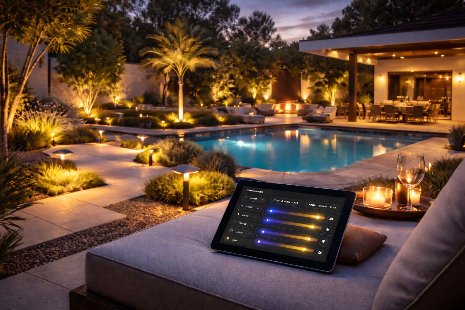 A modern tablet controlling landscape lighting installation in a luxurious backyard patio area with a pool at night.
