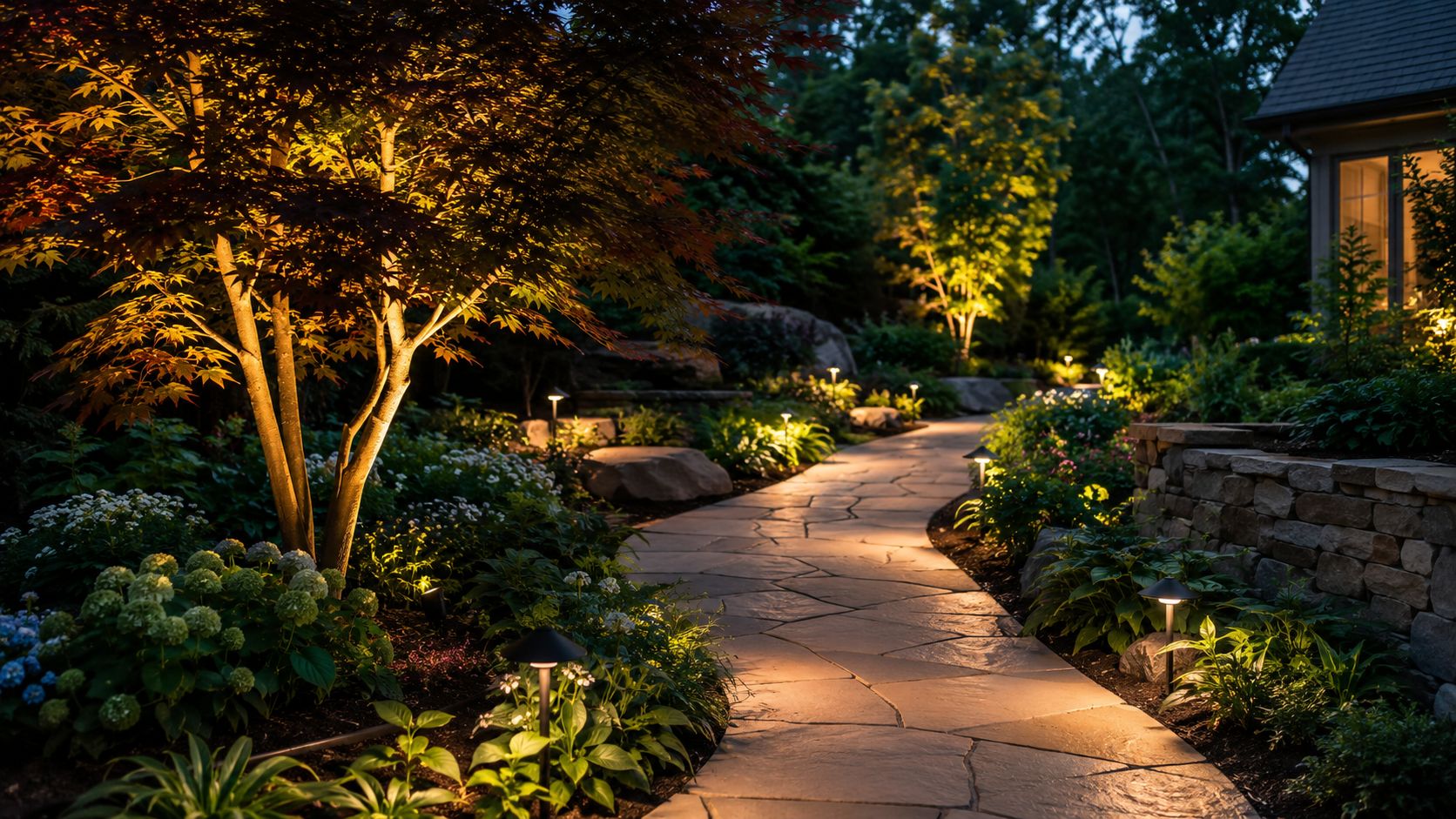 A scenic stone walkway at night illuminated by warm landscape lighting posts in a lush garden.