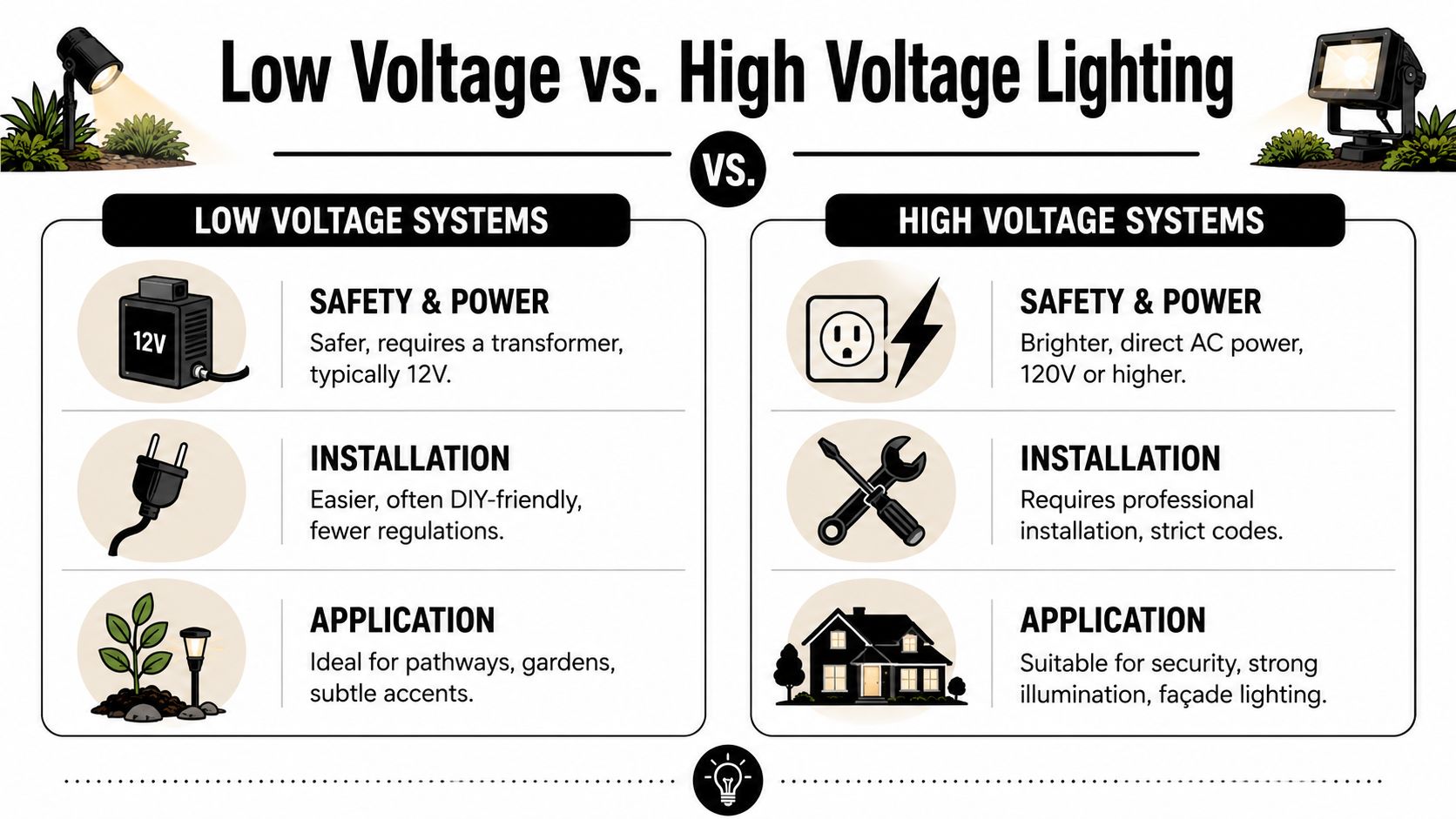 A comparison infographic detailing the safety, installation, and application differences between low voltage and high voltage lighting systems.