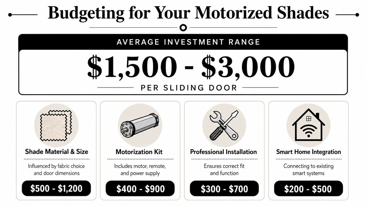 An infographic detailing the average cost breakdown for installing motorized shades on sliding glass doors.