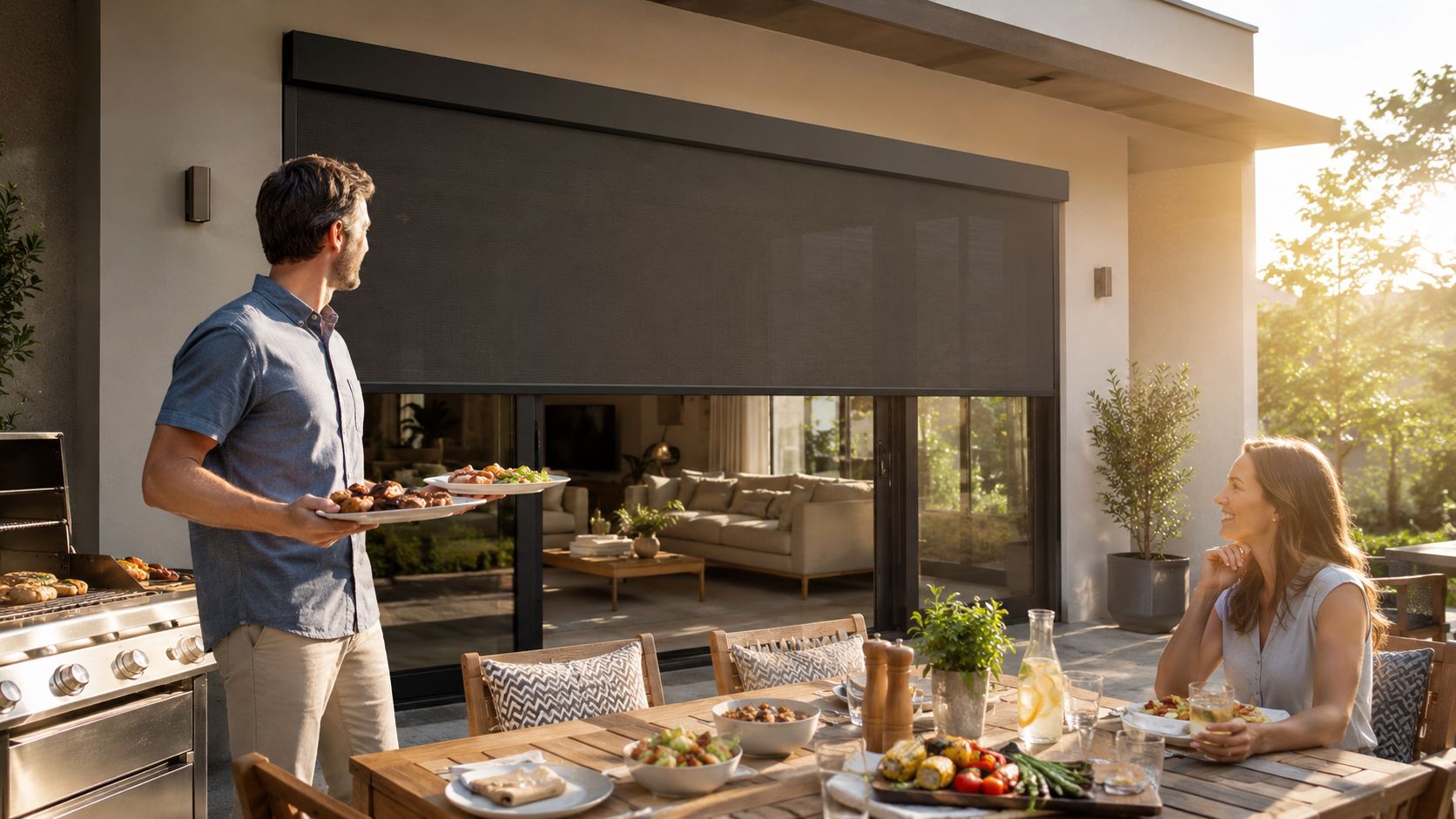 A couple enjoying a meal on a patio featuring motorized shades over their large sliding glass doors.