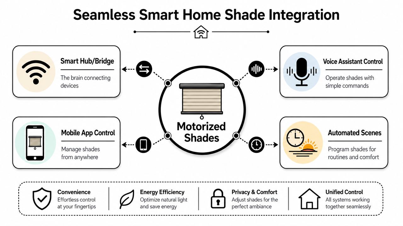 A diagram illustrating how motorized shades integrate into a smart home system with various control options.