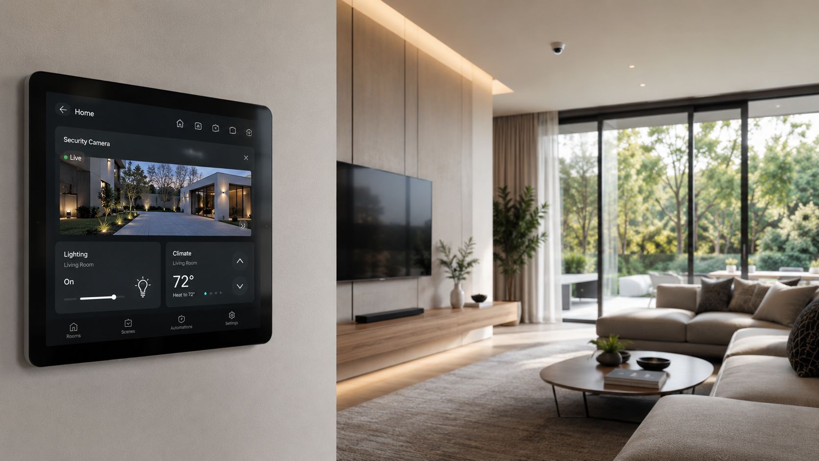 A modern smart home wall-mounted touchscreen controller displaying security camera feed, lighting, and climate control settings.
