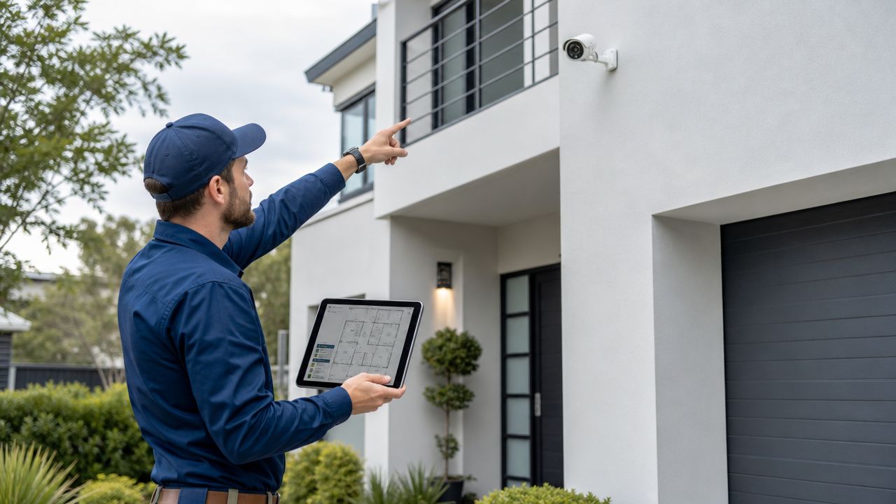 A professional security technician pointing at a home security camera while holding a tablet with building plans.